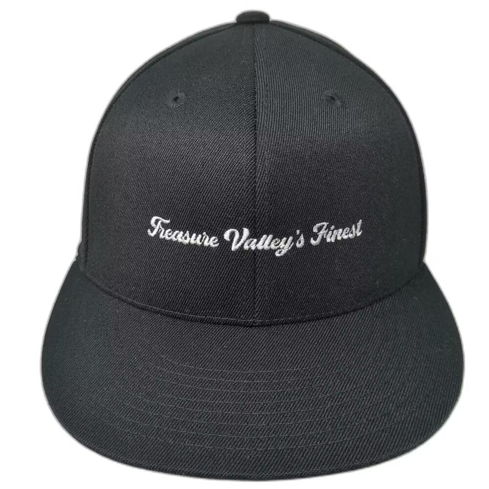 210 Fitted Baseball Cap Black White 7 1/4 Treasure Valley's Finest Flat Brim Hat